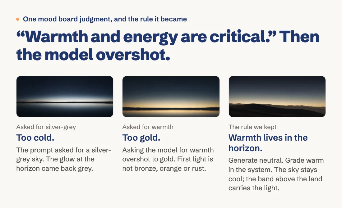 Three dawn horizons side by side. Asked for silver-grey, the glow at the horizon came back grey and too cold. Asked for warmth, the model overshot to gold. The rule we kept: warmth lives in the horizon band, so generate neutral and grade warm in the system; the sky stays cool and the band above the land carries the light.