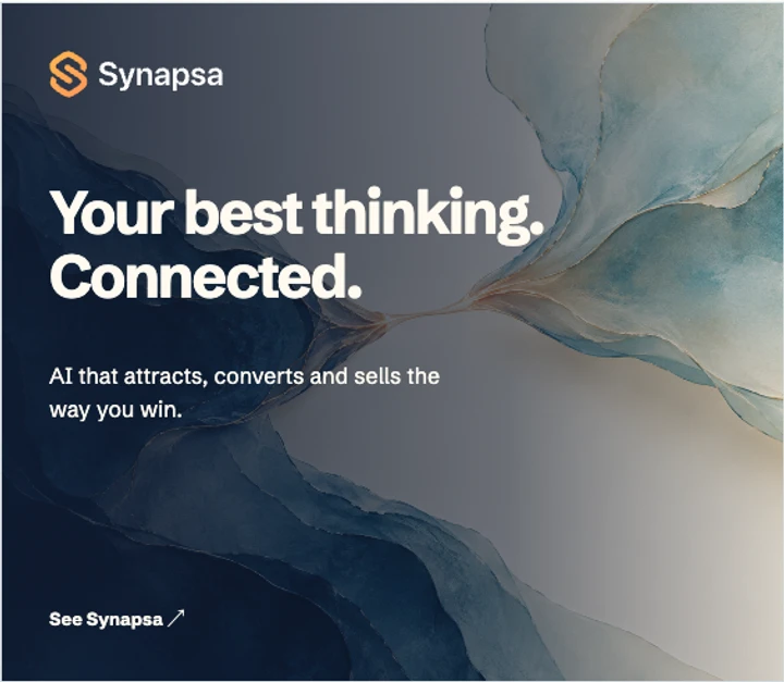 Synapsa awareness campaign: Your best thinking. Connected. Blue flowing artwork leads the composition.