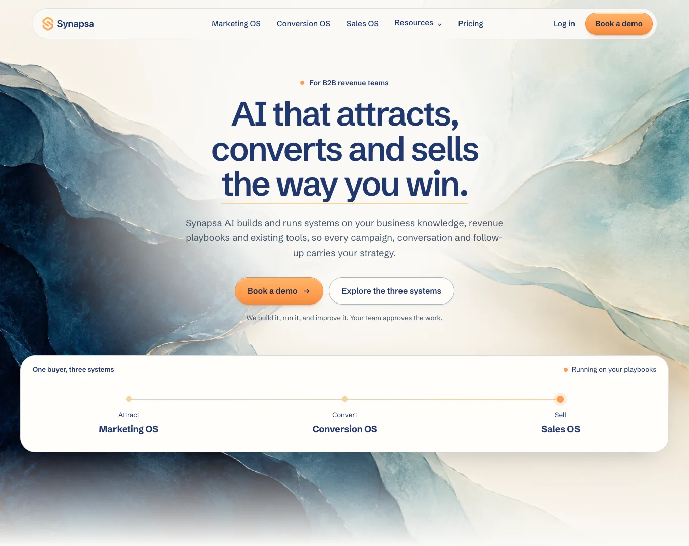 Approved Synapsa homepage: substantial blue-and-gold art frames a quiet center, with a clear commercial headline and orange demo action.