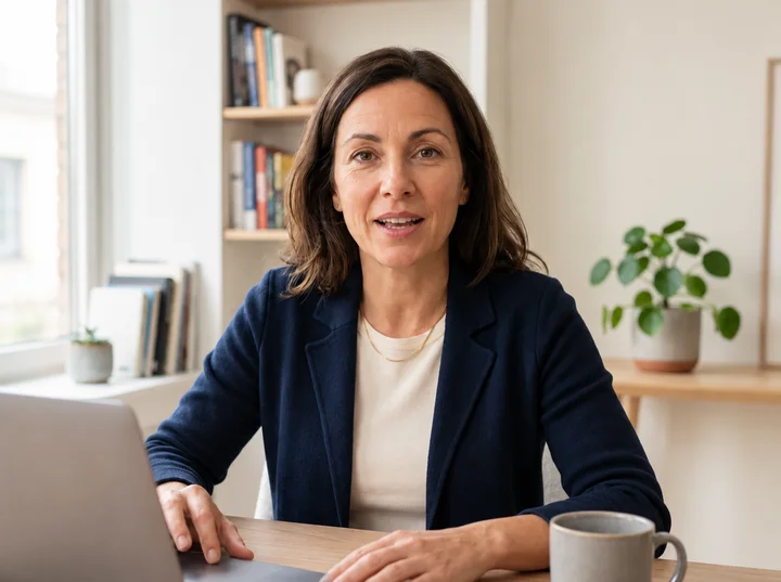Lifestyle image of a buyer in a video conversation, with natural skin and a restrained cool environment.