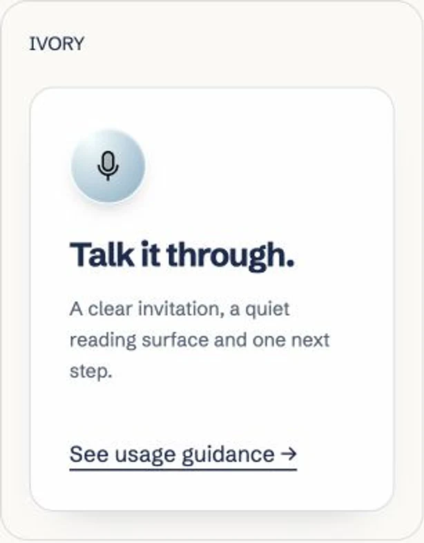Ivory surface with a white raised card, dark voice icon and a clear next step.