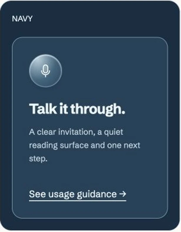 Navy surface with a pale voice icon and a quietly raised opaque blue card.