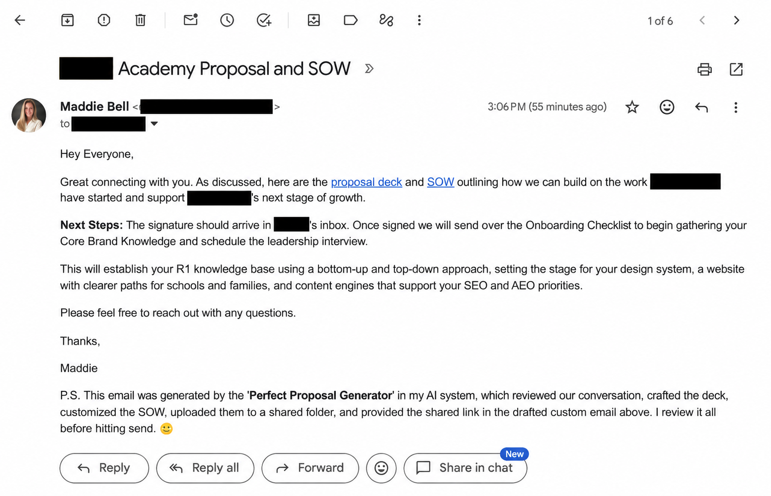 Privacy-edited view of the actual sent handoff email, with proposal and SOW links and Maddie's note explaining that she reviewed the AI-prepared package before sending.