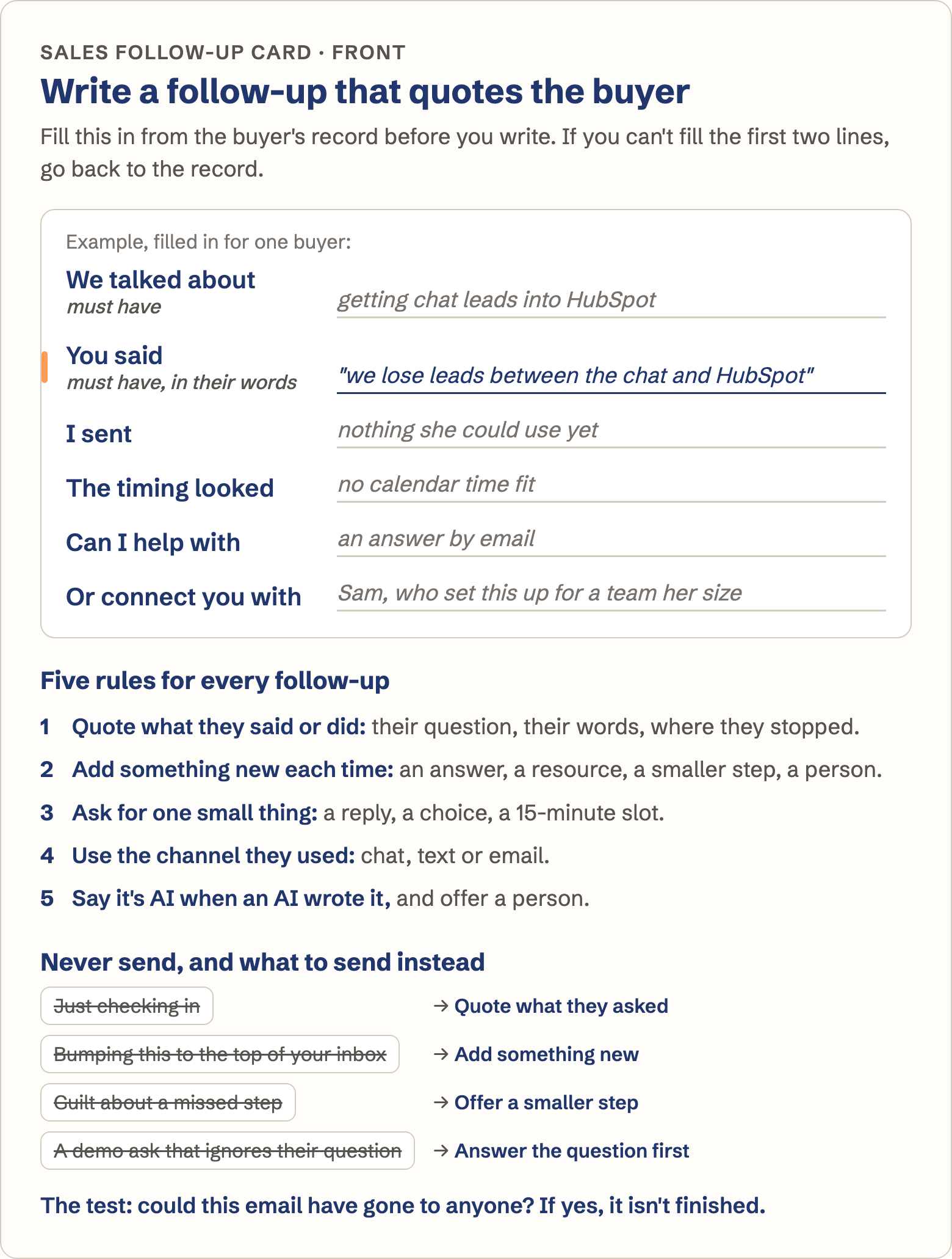 Write a follow-up that quotes the buyer: a printable card with the six-line fill-in shown filled for one buyer (we talked about getting chat leads into HubSpot; you said, in her words, we lose leads between the chat and HubSpot; I sent nothing she could use yet; the timing looked like no calendar time fit; can I help with an answer by email, or connect you with Sam), the five rules for every follow-up, four phrases never to send each paired with what to send instead, and the test: could this email have gone to anyone?